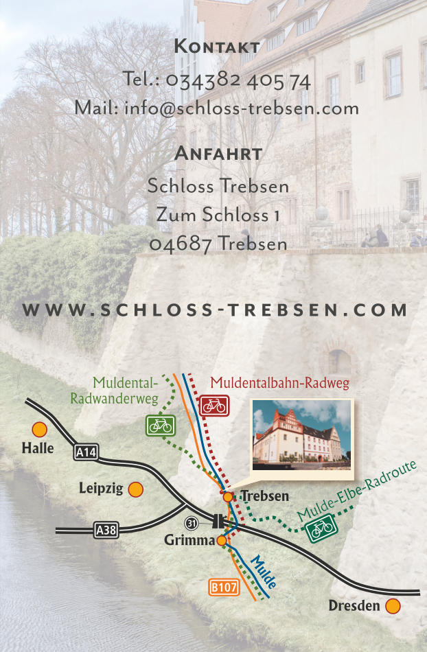 Übersichtskarte zur Lage von Schloss Trebsen zwischen Leipzig, Halle, Grimma und Dresden