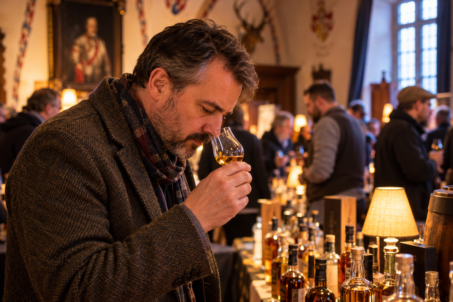 Ein Gast prüft aufmerksam den Duft eines Whiskys im Tastingglas